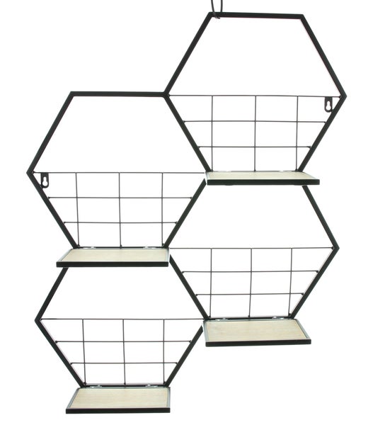 FRANK FLECHTWAREN | Wandregal Hexagon, METALL, HOLZ, 59 x13 x 73,5 cm