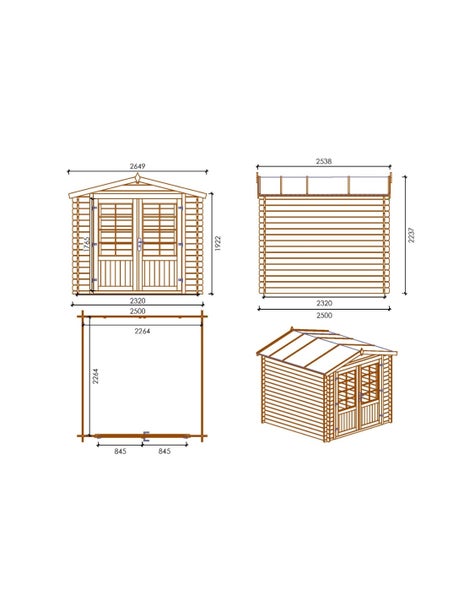Technische Zeichnung eines Gartenhauses aus Holz mit Maßen in Millimeter, inklusive Frontansicht, Seitenansicht, Grundriss und Perspektive.