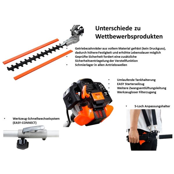 FUXTEC  4in1 Benzin Multigartengerät FX-MT152 - 52ccm³ | 3PS | 2-Takt | Easy Starter | 7,2Kg | 9-Zahn Rasentrimmer | Hochentaster | Heckenschere