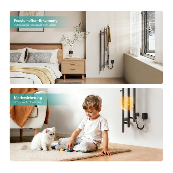 Elektrischer Heizkörper mit Fenster-offen-Erkennung und Kindersicherung in moderner Wohnumgebung mit spielendem Kind und einer Katze.