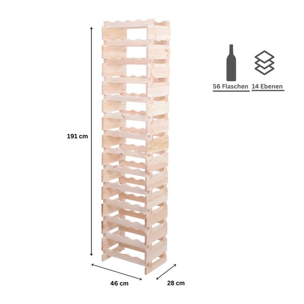 Weinregal VINOTECA FLEX PRO HxBxT 191x46x28cm 56 Flaschen auf 14 Ebenen Massives Kiefernholz Natur unbehandelt