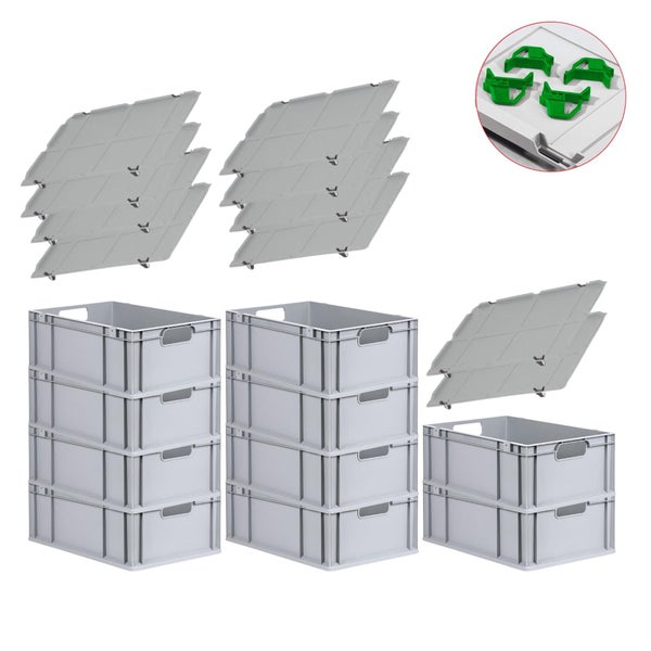 PROREGAL Spar Set 10x Eurobox Nextgen Economy Mit Auflagedeckel & 4x Schiebeschnappverschlüsse Grün Griffe Offen HxBxT 22 x 40 x 60 cm 44 Liter