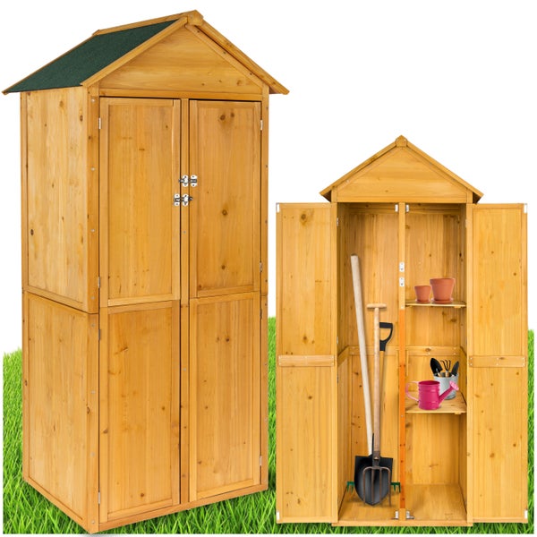 Gartenschrank aus Holz mit Regalen und grüner Dachpappe