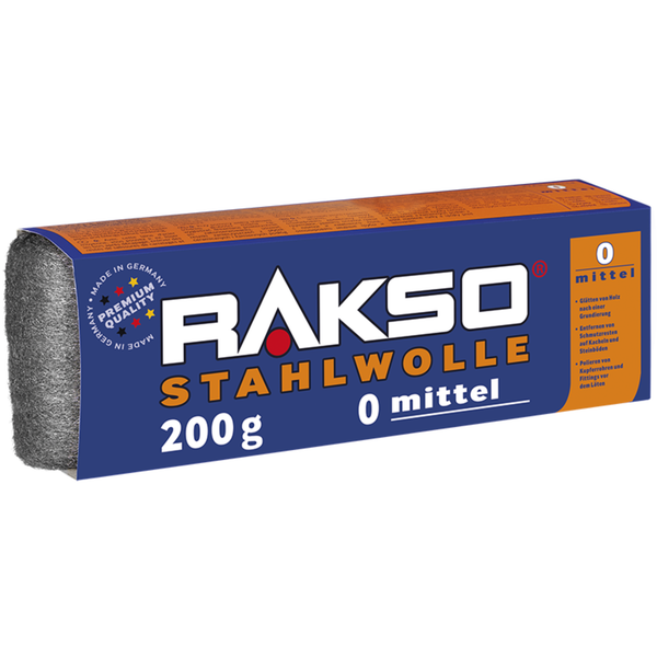 Rakso Stahlwolle Sorte 0 mittel, 200 Gramm Packung, hergestellt in Deutschland mit Premiumqualitätssiegel.