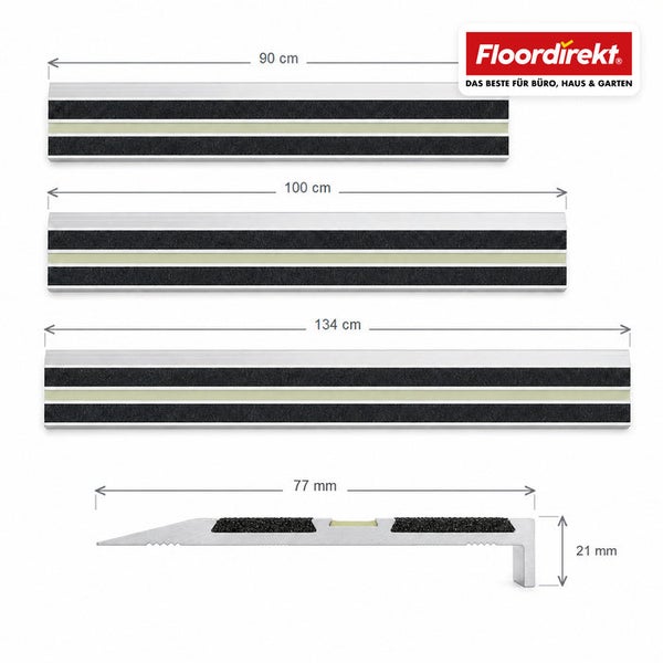 Floordirekt Logo, Treppenkantenprofil aus Aluminium mit Antirutschstreifen in verschiedenen Längen von 90 cm, 100 cm und 134 cm.