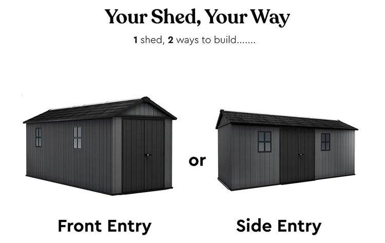 Graues Gerätehaus in Holzoptik mit zwei Aufbauvarianten: Fronteingang oder Seiteneingang. Mit Satteldach und Doppeltür.