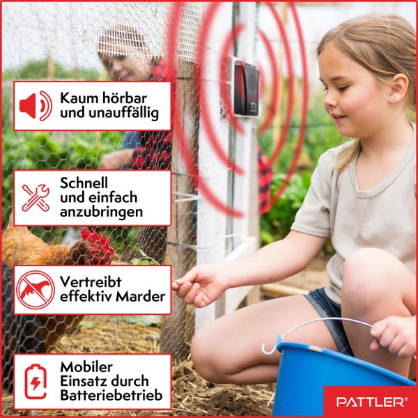 PATTLER® Marderschreck Auto batteriebetrieben für ca. 40m² - mit Ultraschall und Anti Gewöhnungseffekt | Mobiler Marderschutz mit Batteriebetrieb | Marderabwehr , Haus, Garage, Dachboden, Garten