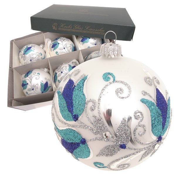 Kugeln Blaue Blume, Silber Satin, 8cm, 6 Stck., Weihnachtsbaumkugeln, Christbaumschmuck, Weihnachtsbaumanhänger