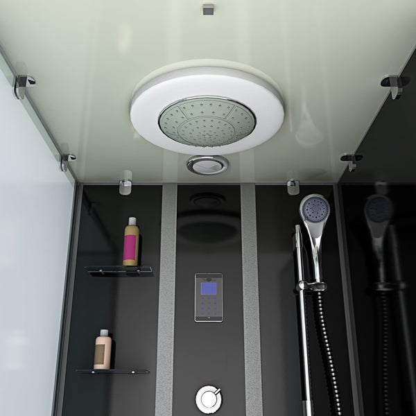 Moderne Duschkabine mit großem runden Regenduschkopf, digitalem Bedienfeld, Handbrause und Glasablagen an schwarzen Rückwänden.