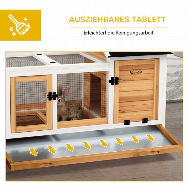 PawHut Zwergkaninchenstall aus Holz, 108 x 58 x 73,5 cm Kleintierstall mit Freilaufgehege, Rädern, Klappdach, Zwergkaninchenkäfig mit Ausziehbarem Tablett für Indoor, Outdoor, Gelb