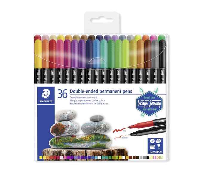 Staedtler Logo. Set mit 36 permanenten Doppelfasermalern für diverse Oberflächen mit feiner und ultrafeiner Spitze.
