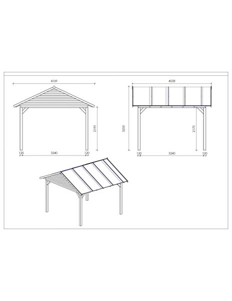 Technische Zeichnung eines Holz-Carports mit Maßen in Frontansicht, Seitenansicht und Perspektive.