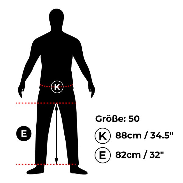 Größeninformationen für Bekleidung, Größe 50, Bundweite 88 Zentimeter, Innenbeinlänge 82 Zentimeter