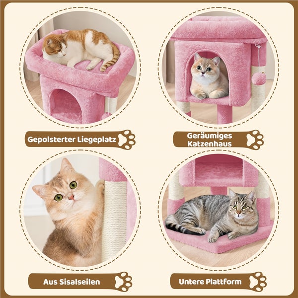 Illustration eines Katzenbaums mit gepolstertem Liegeplatz, geräumigem Katzenhaus, Sisalseilen und einer unteren Plattform mit Katzen