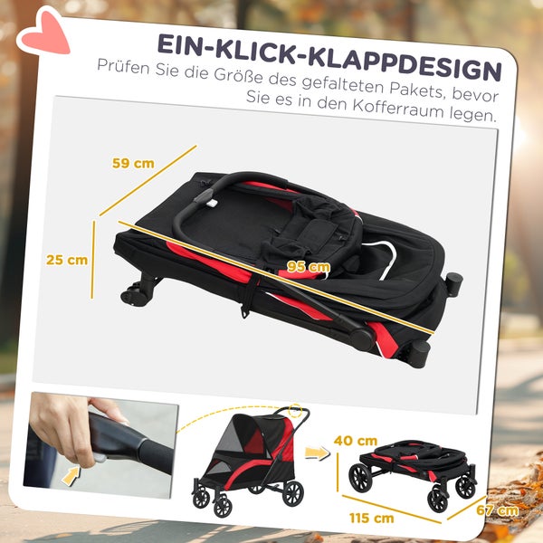 PawHut Hundewagen Hundebuggy klappbar für große Hunde & Katzen bis 30 kg Katzenbuggy mit Kissen Netzfenstern Türen Aufbewahrungstasche Katzenwagen mit Sicherheitsleinen, Bremsen, Buggy Schwarz