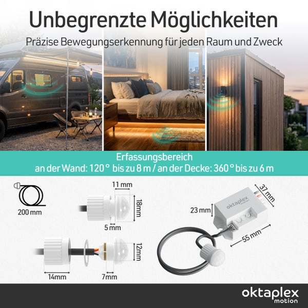 Oktaplex Motion Bewegungsmelder mit technischer Darstellung von Abmessungen und Anwendungsbeispielen in Wohnwagen Schlafzimmer und Außenbereich.