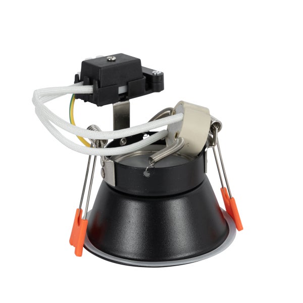 Schwarzer Einbaustrahler mit Anschlusskabeln und Montagefedern.