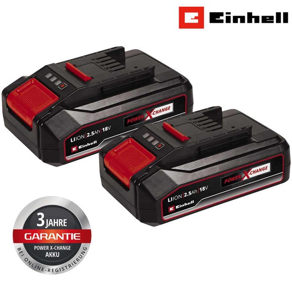 Zwei Einhell Power X-Change Akkus mit 18 Volt und 2,5 Ampere Stunden Kapazität inklusive Garantiesiegel.