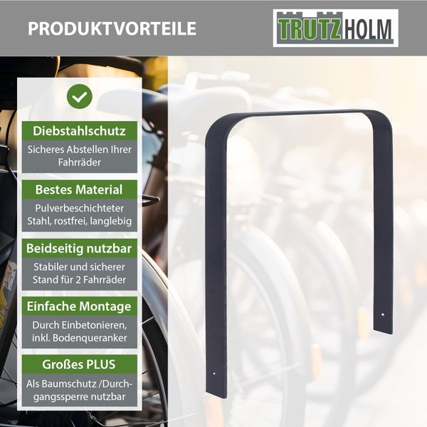 Fahrradanlehnbügel aus pulverbeschichtetem Stahl zur Diebstahlsicherung, beidseitig nutzbar für 2 Fahrräder, inklusive Bodenanker, Marke Trutzholm