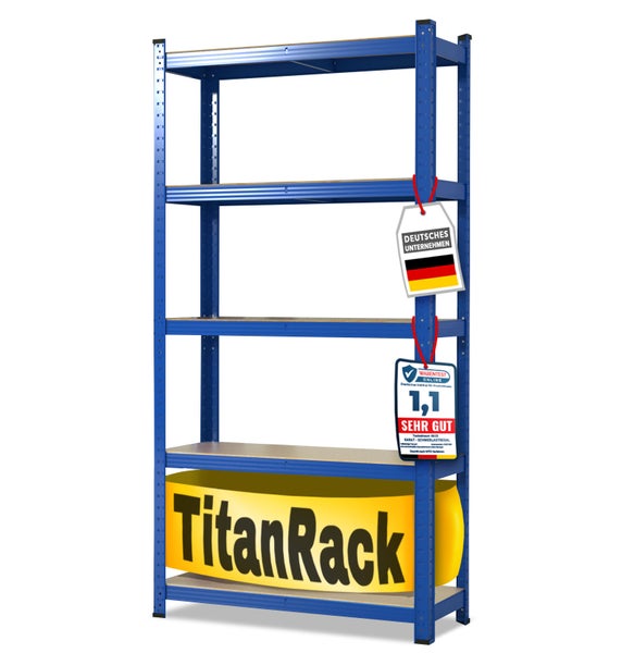 Blaues TitanRack Schwerlastregal aus Metall mit fünf Böden, Siegel sehr gut von Warentest Online, deutsches Unternehmen, TitanRack Logo.