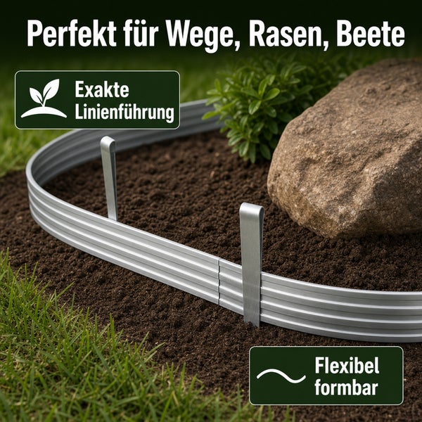 Flexible Rasenkante aus Metall zur Beeteinfassung im Garten, geeignet für Wege, Rasen und Beete mit exakter Linienführung.