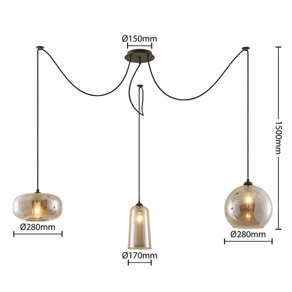 Dreiflammige Pendelleuchte aus Glas mit verschiedenen Schirmformen, Gesamthöhe 1500 Millimeter, Durchmesser Deckenhalterung 150 Millimeter.