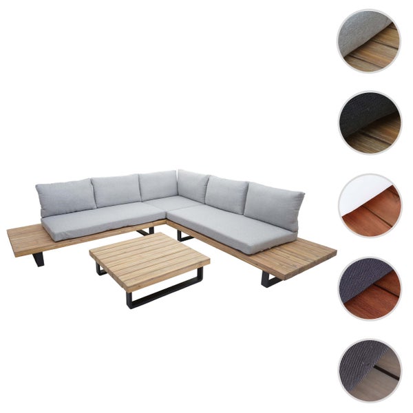 Garten-Lounge-Set aus Akazienholz mit grauen Polstern, Ecksofa und Loungetisch sowie Detailansichten verschiedener Materialvarianten.