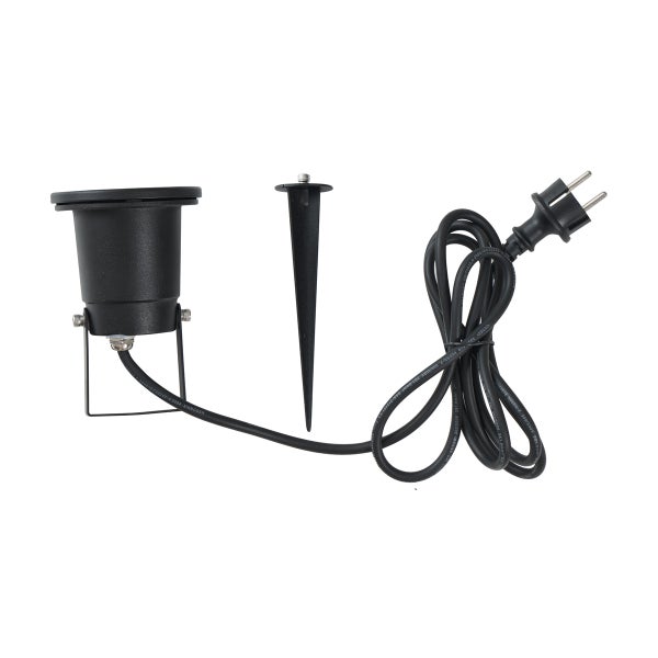 Schwarzer Gartenstrahler mit Erdspieß und Netzkabel mit Stecker.