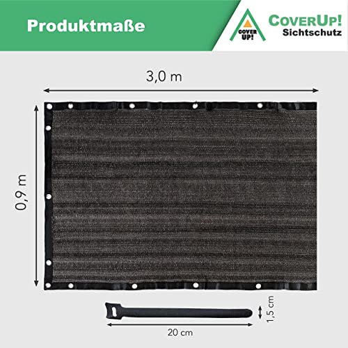 CoverUp! Balkon Sichtschutz 0,9m x 3m (180 g/m²) – Balkonverkleidung Terrassensichtschutz Blickdicht – inkl. 30 Klett-Kabelbinder - schwarz