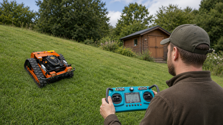 Eine Person steuert einen Hangmäher mit Raupenantrieb per Fernbedienung auf einem Grashang neben einem Gartenhaus aus Holz.