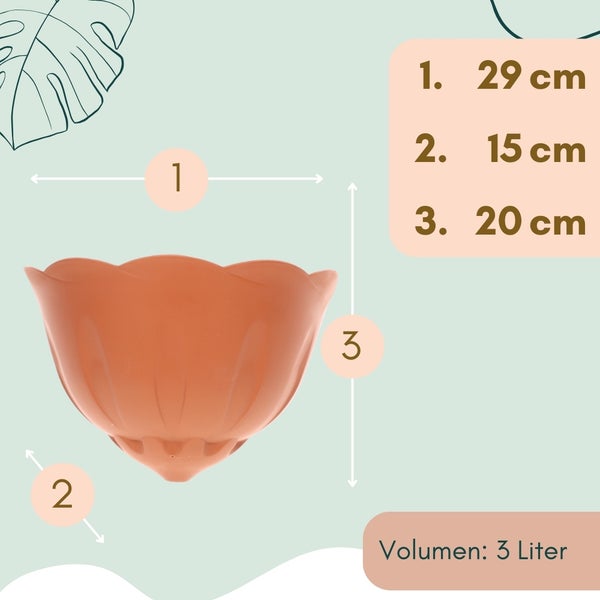 Blumentopf mit den Maßen 29 cm Breite, 15 cm Durchmesser und 20 cm Höhe, Volumen 3 Liter