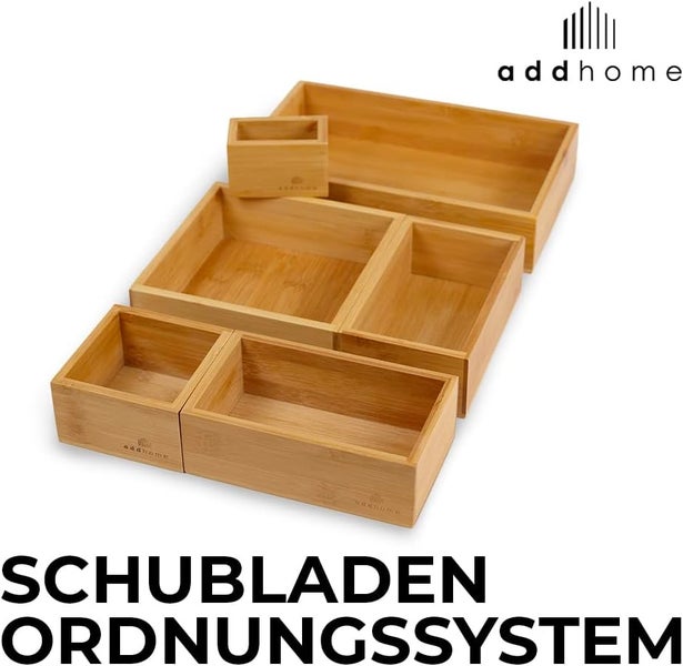 Schubladen-Ordnungssystem aus Bambus mit mehreren Boxen in verschiedenen Größen, addhome Logo.