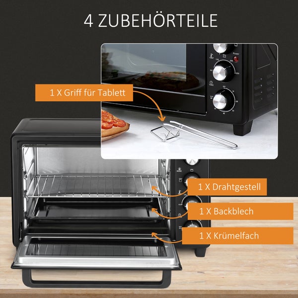Mini-Backofen mit 4 Zubehörteilen: Griff für Tablett, Drahtgestell, Backblech und Krümelfach.