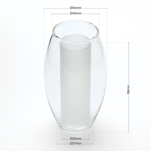 Ovale Glas-Abdeckung für Lampen, klares Außenglas, mattierter Innenzylinder, Höhe 96 Millimeter, Durchmesser oben 54 Millimeter.