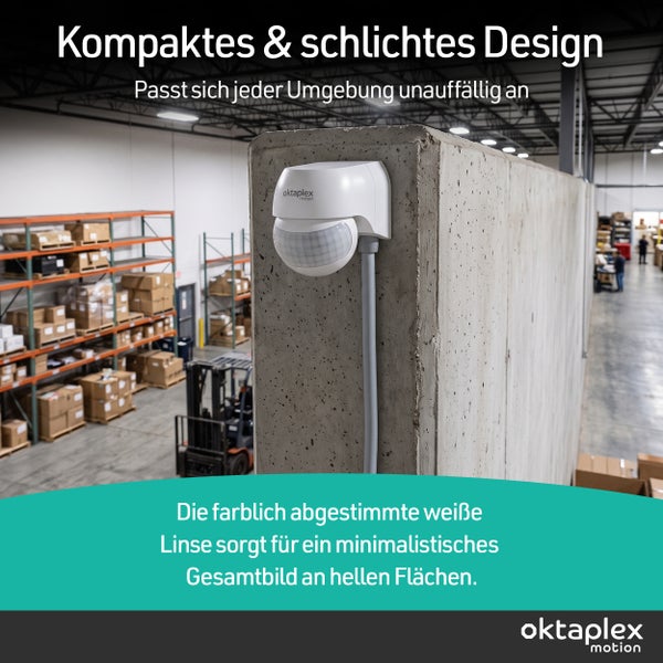 Oktaplex Motion Bewegungsmelder montiert an einer Betonwand in einem Lagerhaus mit Kabelkanal