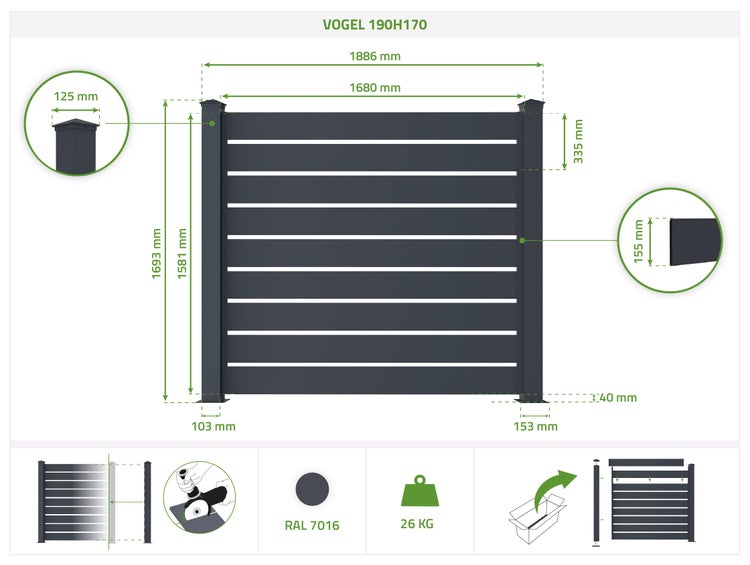Technische Zeichnung Vogel Zaun 190H170 mit Maßangaben