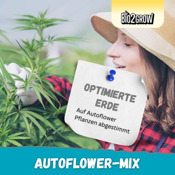 Frau mit Hut und Gartenhandschuhen pflanzt in optimierter Erde Autoflower Pflanzen; Bio2Grow Logo