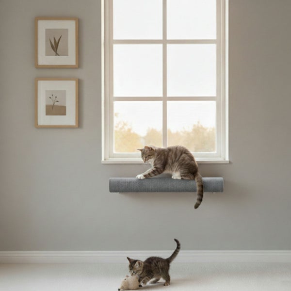 Wandmontiertes Kratzbrett für Katzen unter einem Fenster mit einer Katze darauf und einem spielenden Kätzchen auf dem Boden.