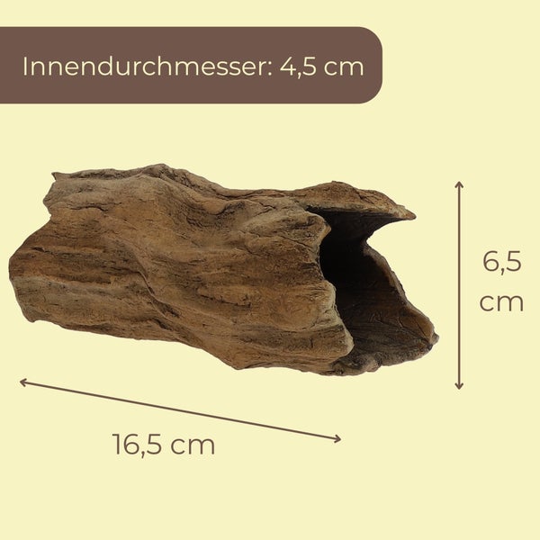 Aquarium-Dekoration hohler Baumstamm, Länge 16,5 Zentimeter, Höhe 6,5 Zentimeter, Innendurchmesser 4,5 Zentimeter.