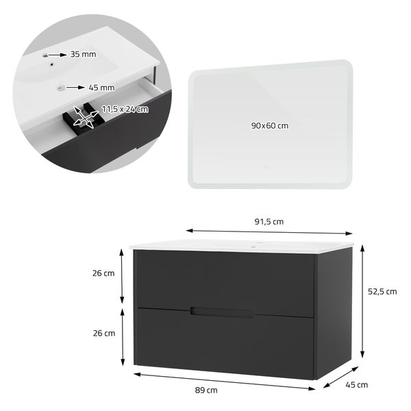 ML-Design Badmöbel-Set 3-teilig, Grau, LED-Spiegel mit Touchschalter 90x60 cm, Unterschrank 89x45x52,5 cm, MDF, Grau, Waschbecken 91,5 cm, Waschtisch Keramik, modern, Badezimmermöbel, viel Stauraum