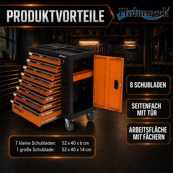 Holmwerk Werkstattwagen mit 8 Schubladen, Seitenfach mit Tür und Arbeitsfläche mit Fächern. Holmwerk Logo.