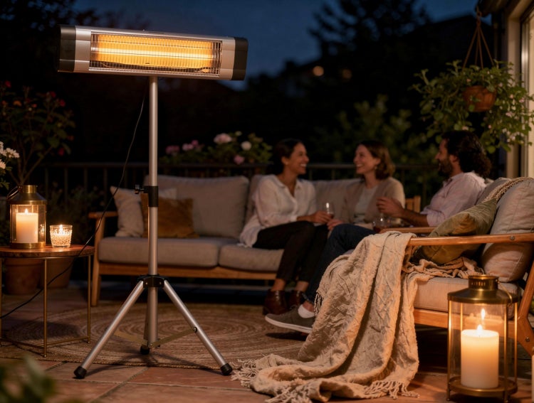Terrasse mit Heizstrahler, Sofa und drei Personen