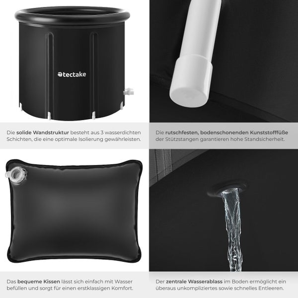 Detailansicht eines schwarzen Badebottichs mit zugehörigem Kissen, Kunststofffüßen und Wasserablauf.