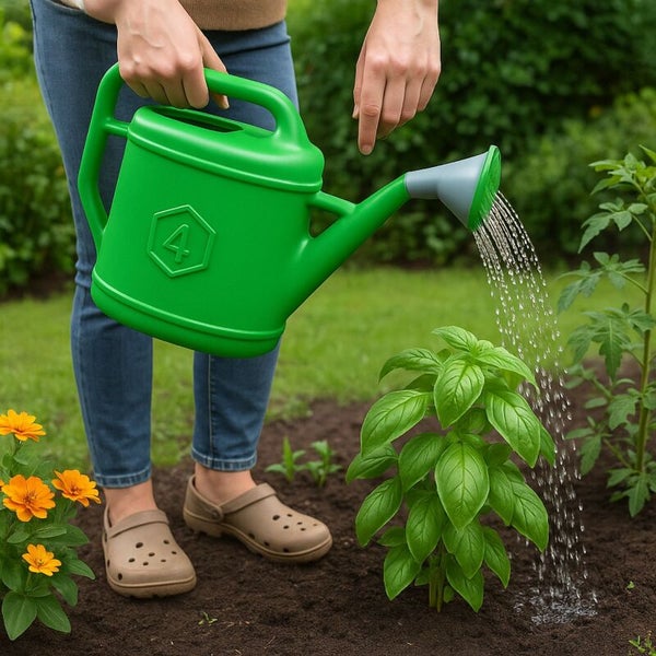 Person gießt Basilikumpflanze im Garten mit einer grünen Gießkanne aus Kunststoff mit 4 Liter Fassungsvermögen.
