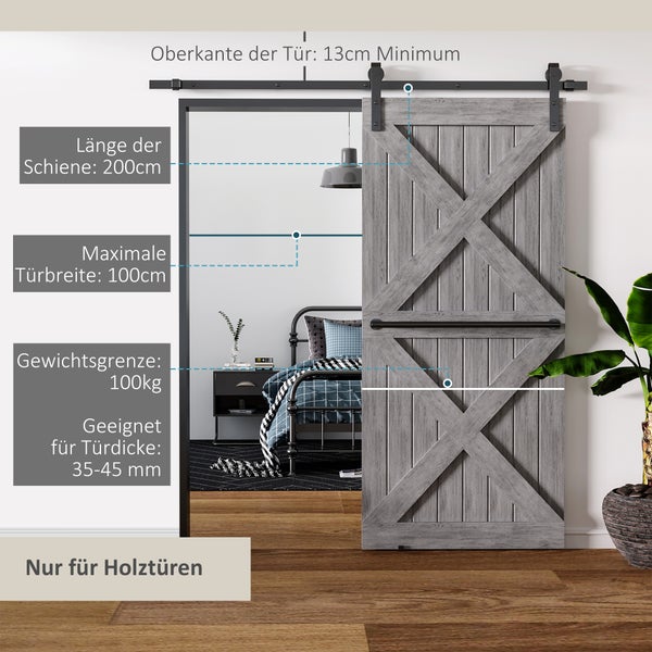 HOMCOM Schiebetüren-Beschlagsatz mit Schrauben Laufschiene Komplett-Set Schiebetürsystem für einzelne Holztür, aus Kohlenstoffstahl Schwarz 200 x 40 x 0,6 cm