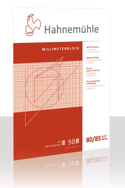 Hahnemühle Logo. Millimeterblock DIN A3, 50 Blatt, 80 bis 85 Gramm pro Quadratmeter, Zeichenpapier mit 1 Millimeter Teilung.