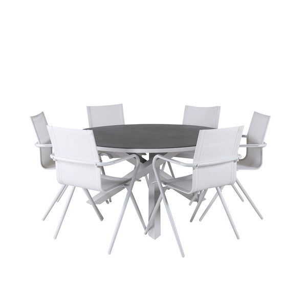 Copacabana Gartenset Tisch Ø140cm und 6 Stühle Alina weiß, grau, cremefarben. 140 X 140 X 74 cm