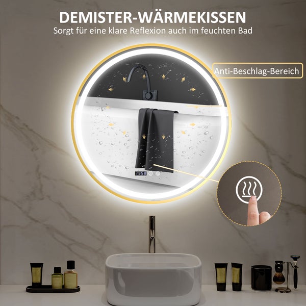 HOMCOM Runder Badspiegel mit Beleuchtung 60cm LED Beschlagfrei Wandspiegel mit Touchschalter Timer 3 Lichtfarben Badezimmerspiegel mit Zeit- und Temperaturanzeige Aluminiumrahmen IP44 für Badezimmer