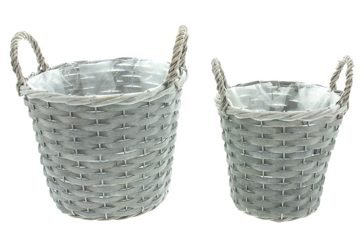 FRANK FLECHTWAREN | Pflanzkorb Grau gekalkt, 2er Set, HOLZSPAN, PAPPEL, METALL, WEIDE, Ø 17 x 17 cm, Ø 25 x 19 cm