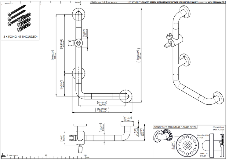 Technische Zeichnung eines weißen L-förmigen Haltegriffs mit Brausehalter, Maßen, Montagedetails und Befestigungsmaterial.